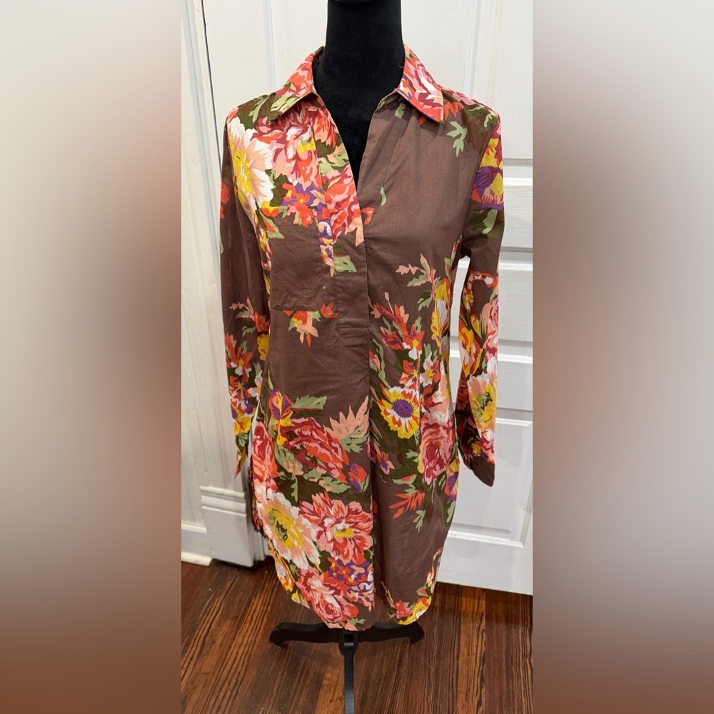 Soft Surroundings floral tunic split neckline, pockets roll Tab Sleeve Sz Sm EUC